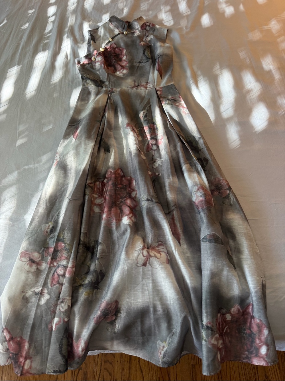 Floral Grey & Pink Maxi Dress - Elegant High-Neck Gown